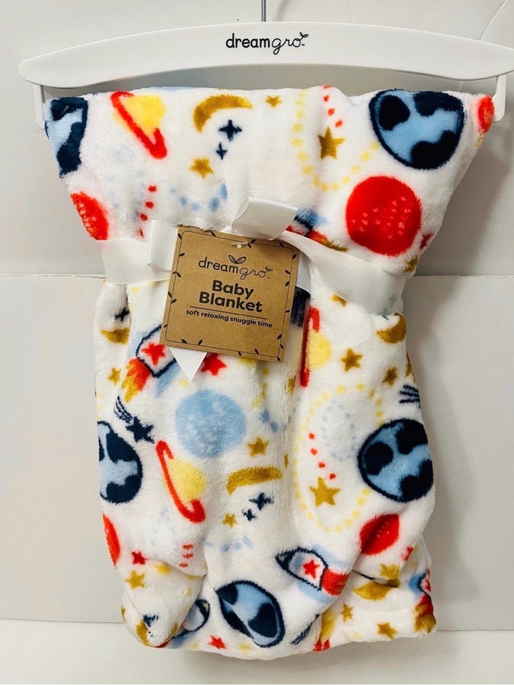 DreamGro White Baby Blanket Astronomy Planets Rocket Ship Stars Earth Saturn